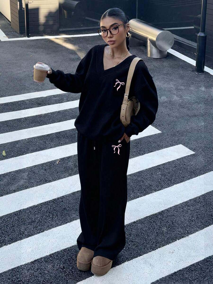 Women's 2-Piece Oversized Fleece Sweatshirt & Sweatpants Set – Navy (Autumn/Winter)