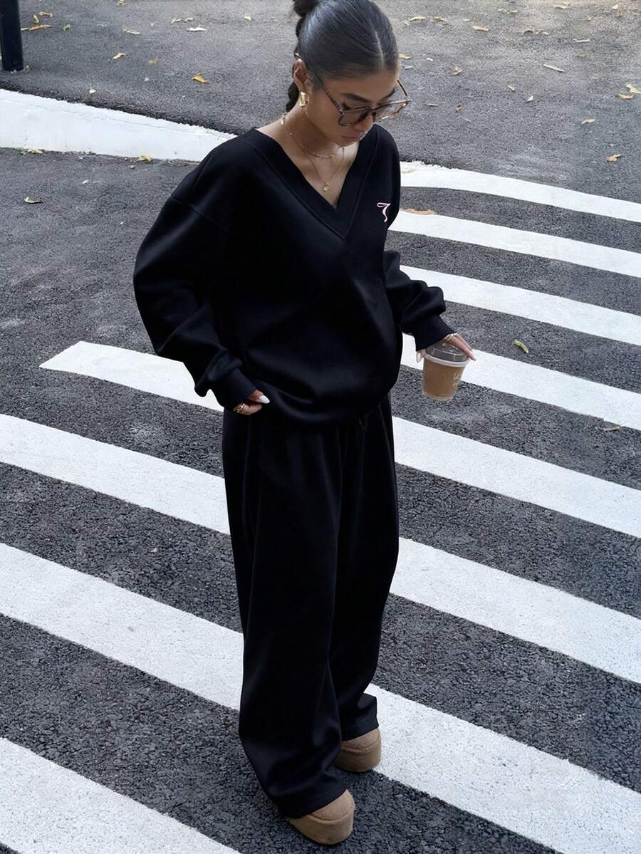 Women's 2-Piece Oversized Fleece Sweatshirt & Sweatpants Set – Navy (Autumn/Winter)