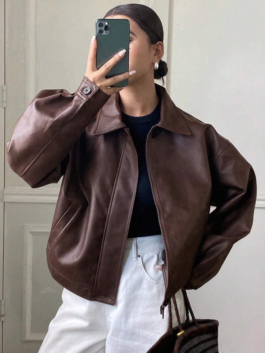 **Women’s Loose Casual Thick PU Jacket**