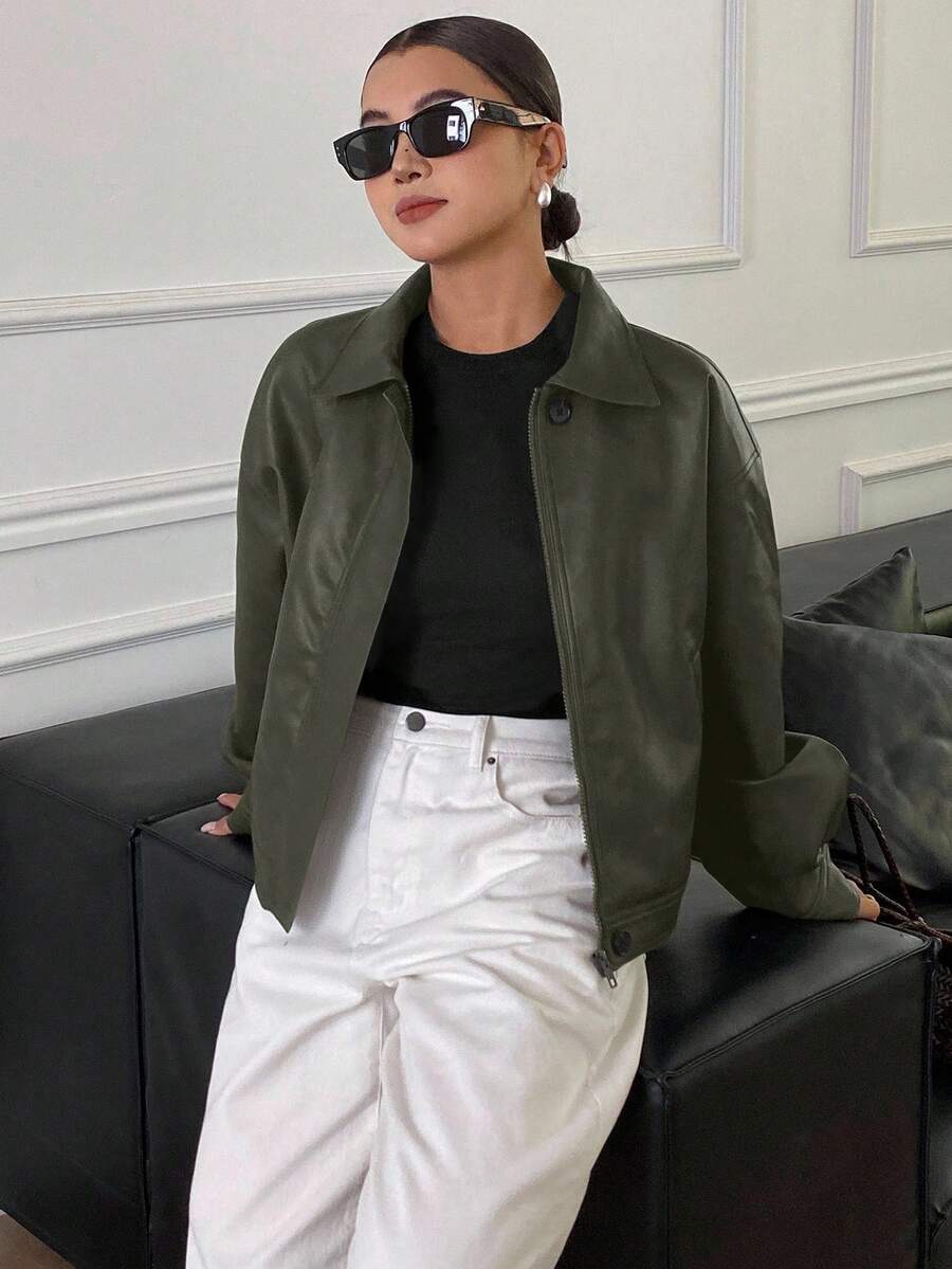 **Women’s Loose Casual Thick PU Jacket**