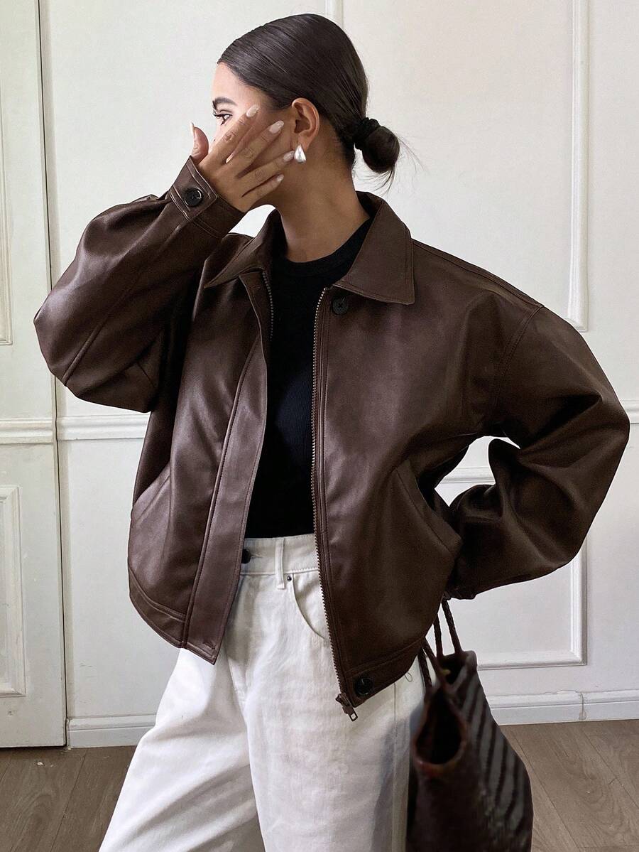 **Women’s Loose Casual Thick PU Jacket**