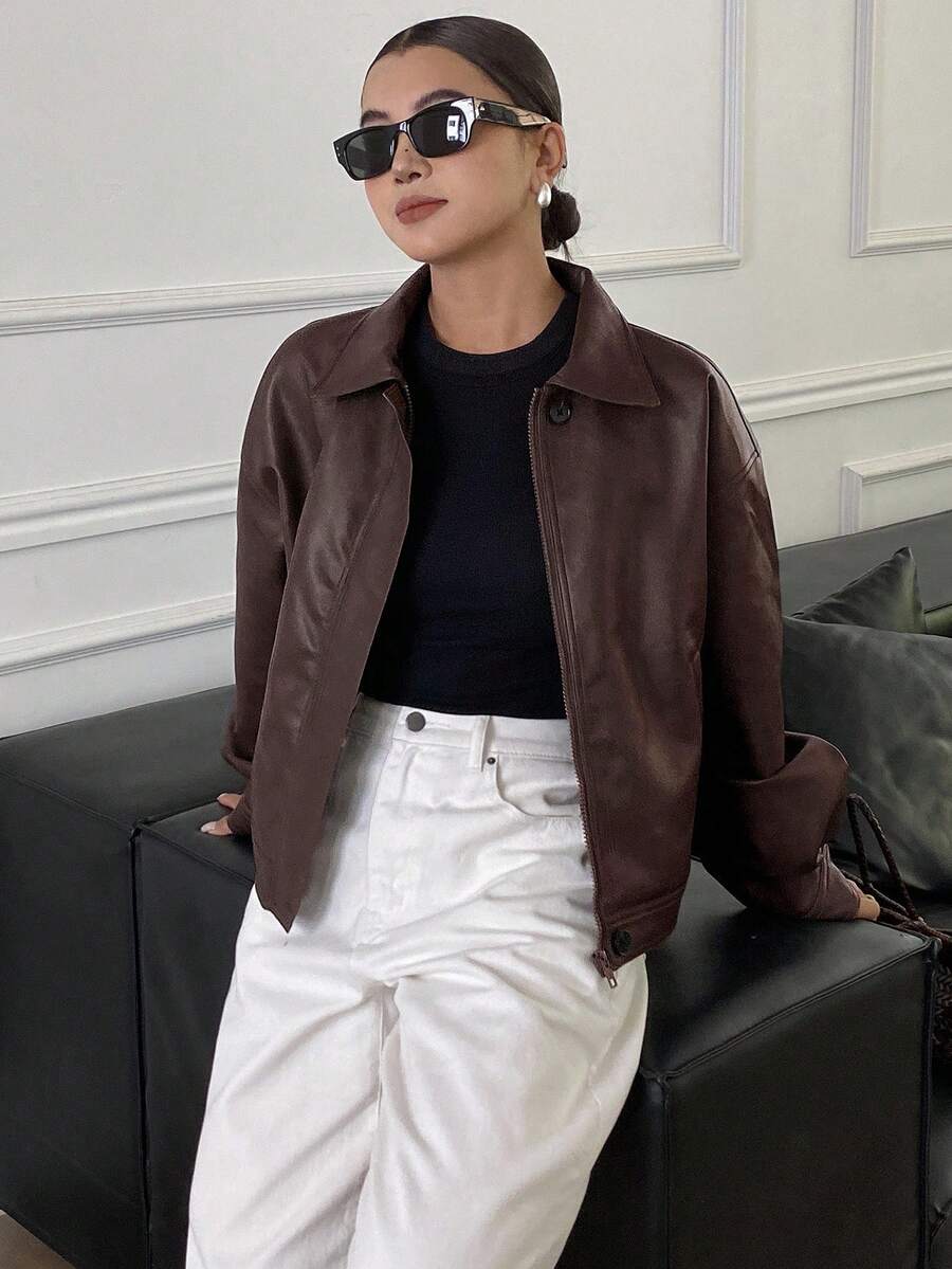 **Women’s Loose Casual Thick PU Jacket**