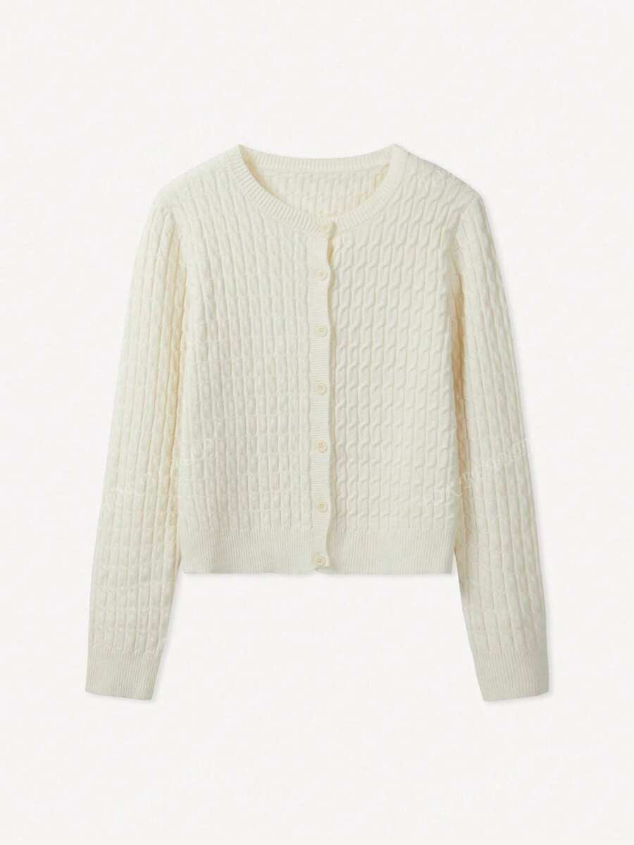 Women's White Round Neck Button-Up Knit Cardigan – Simple & Chic (Autumn/Winter)