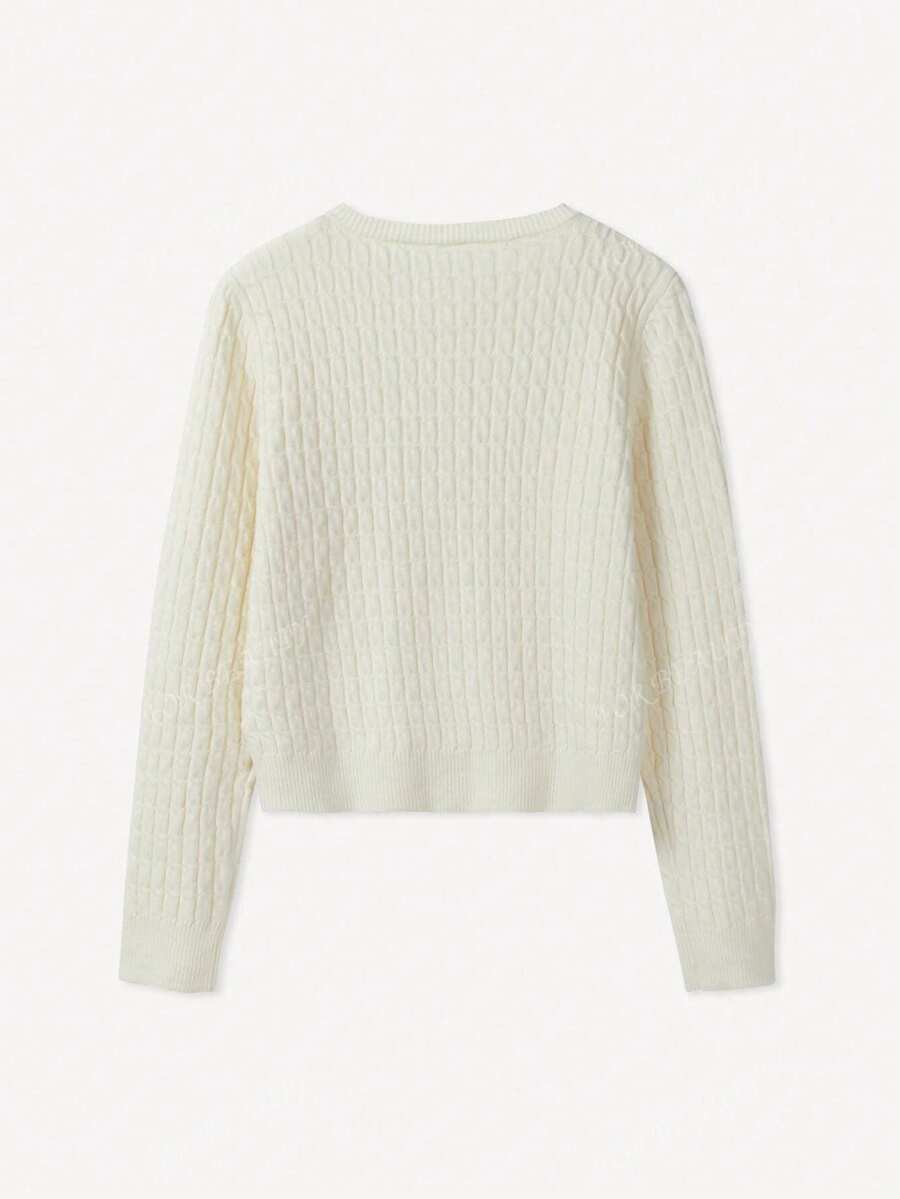 Women's White Round Neck Button-Up Knit Cardigan – Simple & Chic (Autumn/Winter)