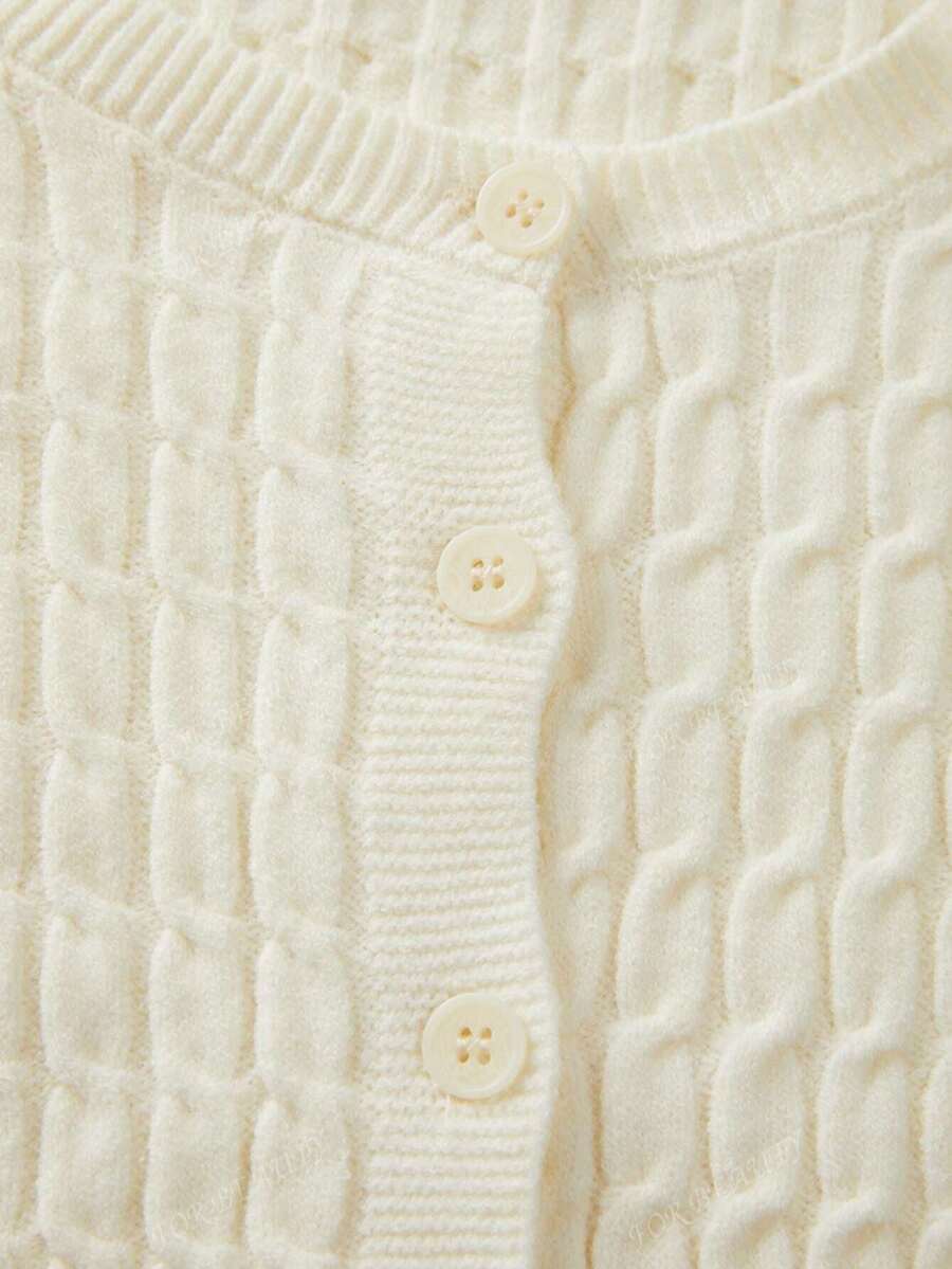Women's White Round Neck Button-Up Knit Cardigan – Simple & Chic (Autumn/Winter)