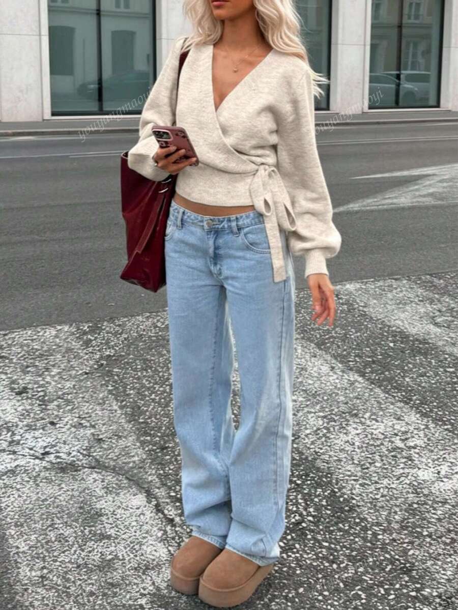 Women's Wrap Tie Knit Sweater – White (Autumn/Winter)