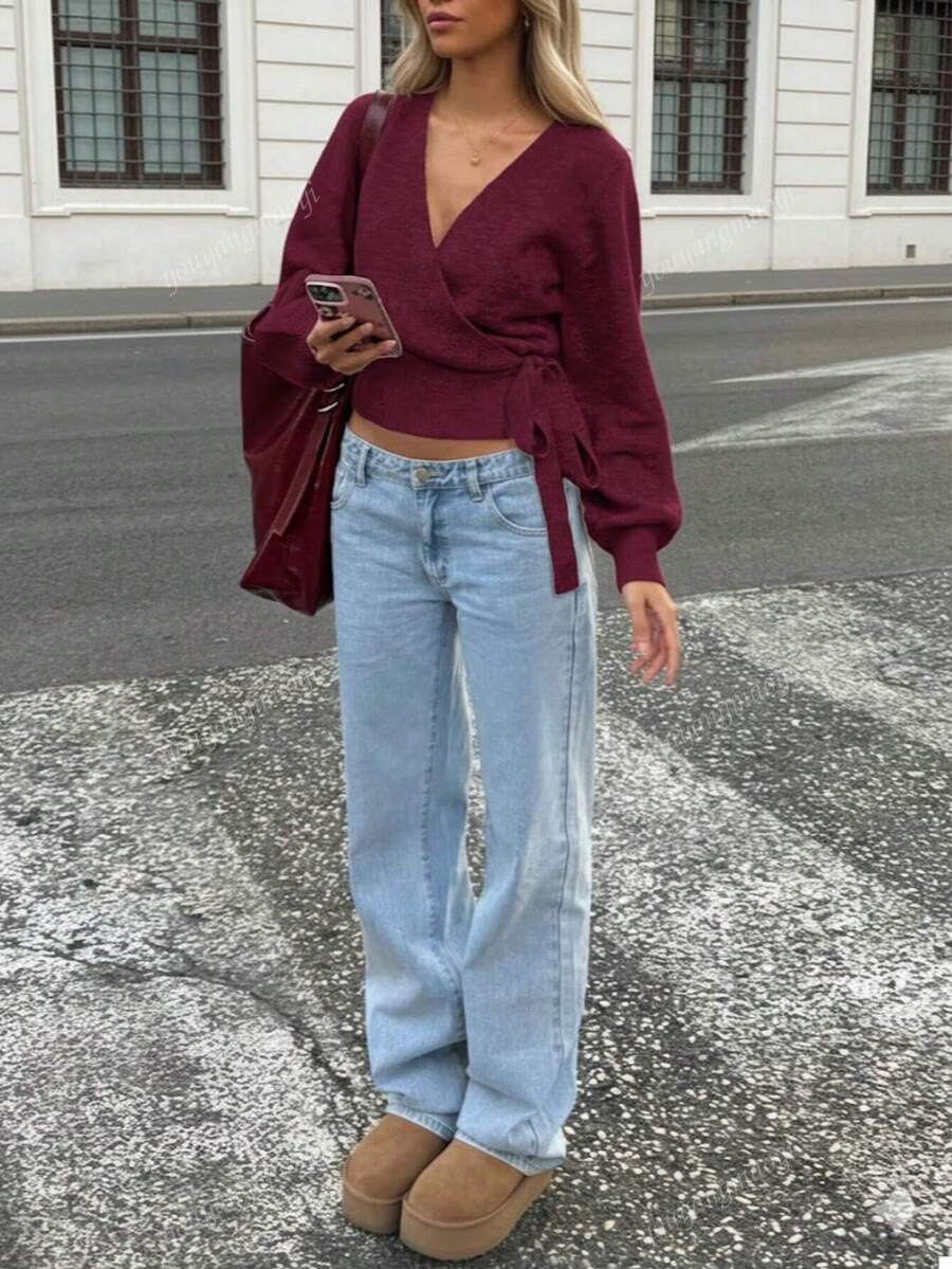 Women's Wrap Tie Knit Sweater – White (Autumn/Winter)