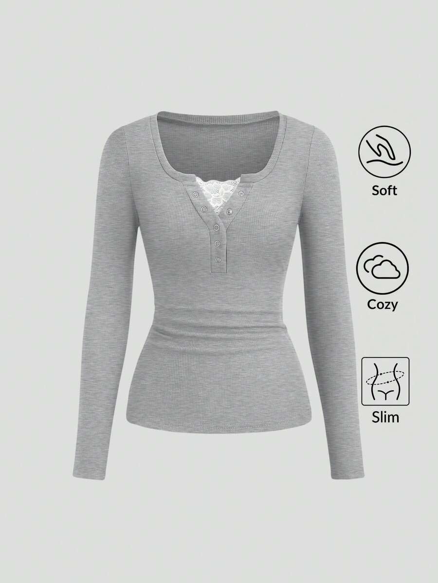 **Women’s Lace-Trim Mock Neck Long Sleeve Top**