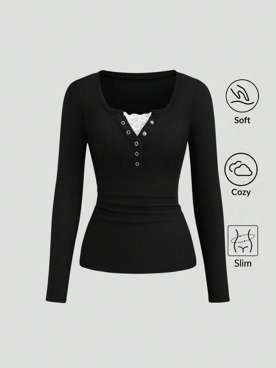 **Women’s Lace-Trim Mock Neck Long Sleeve Top**