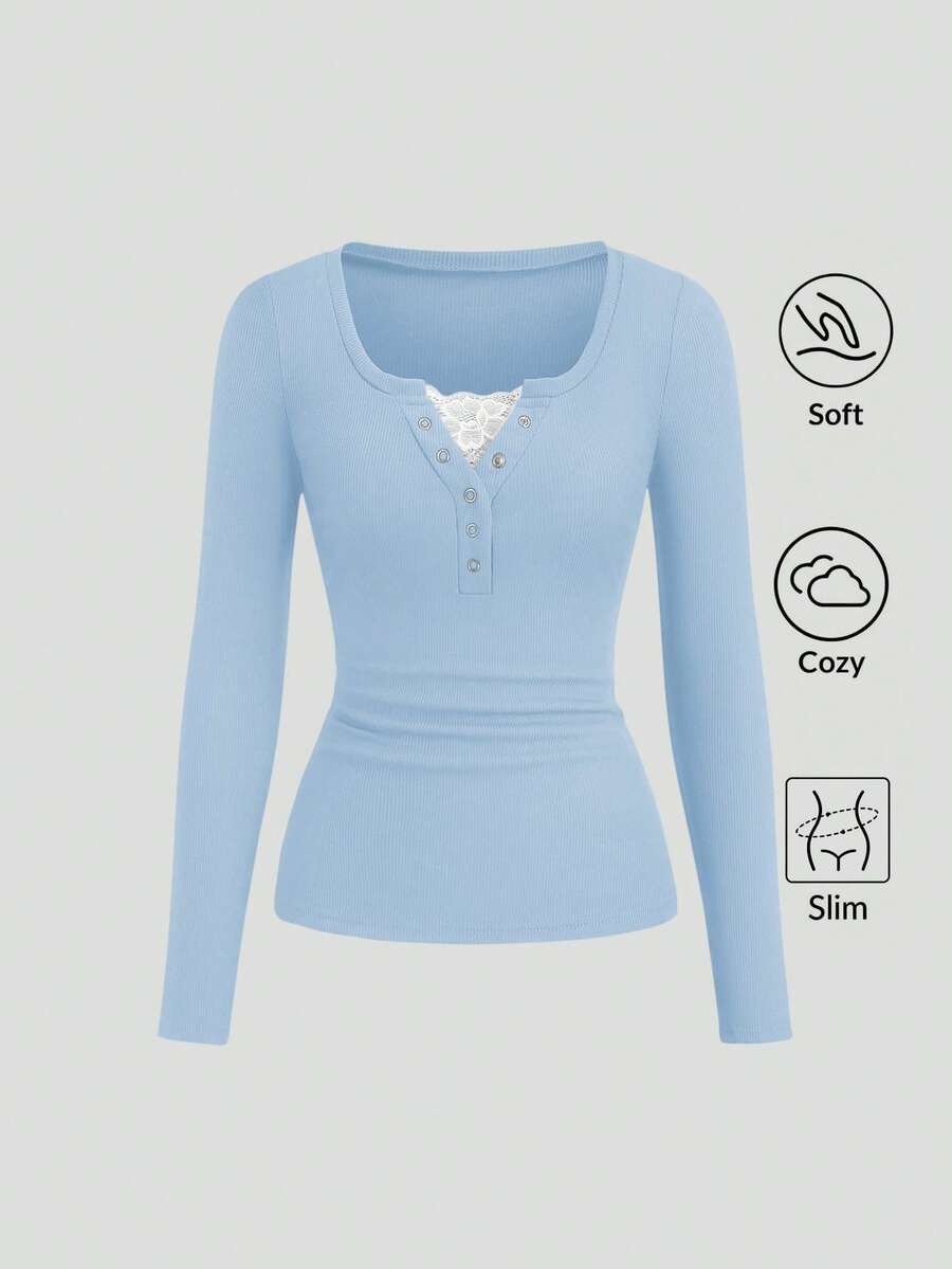 **Women’s Lace-Trim Mock Neck Long Sleeve Top**