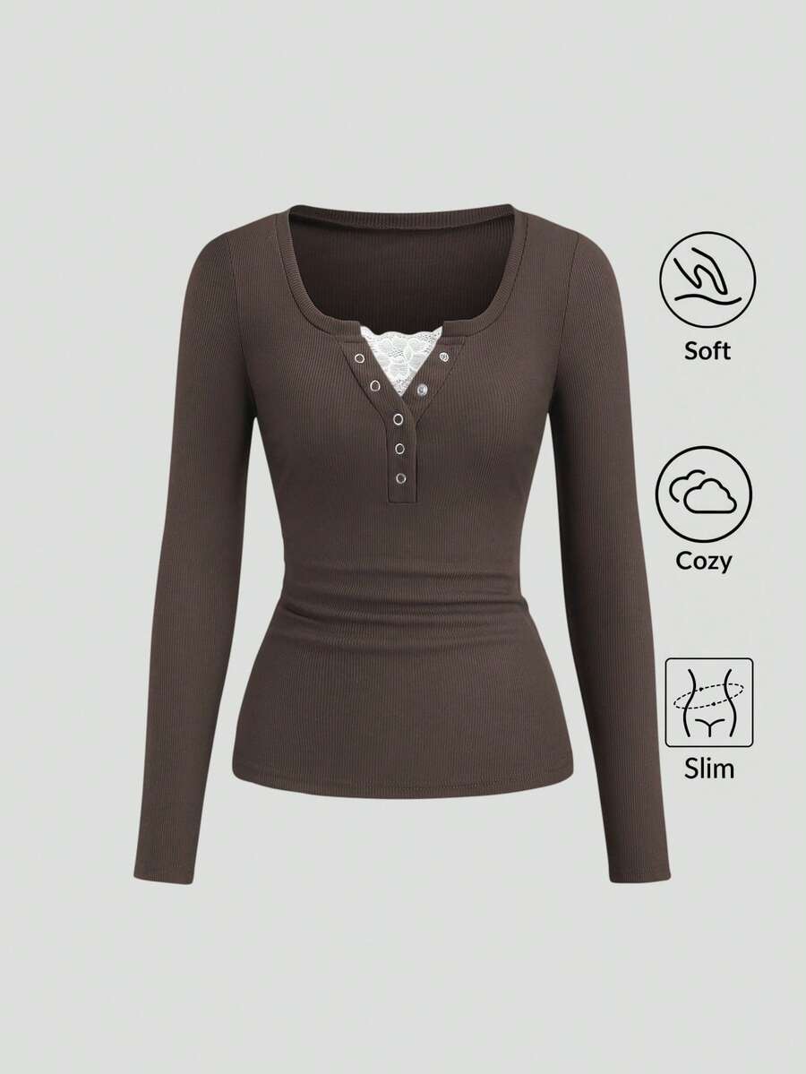 **Women’s Lace-Trim Mock Neck Long Sleeve Top**