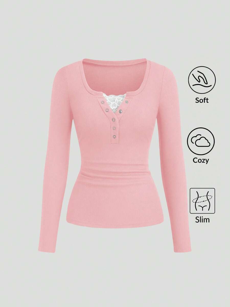 **Women’s Lace-Trim Mock Neck Long Sleeve Top**