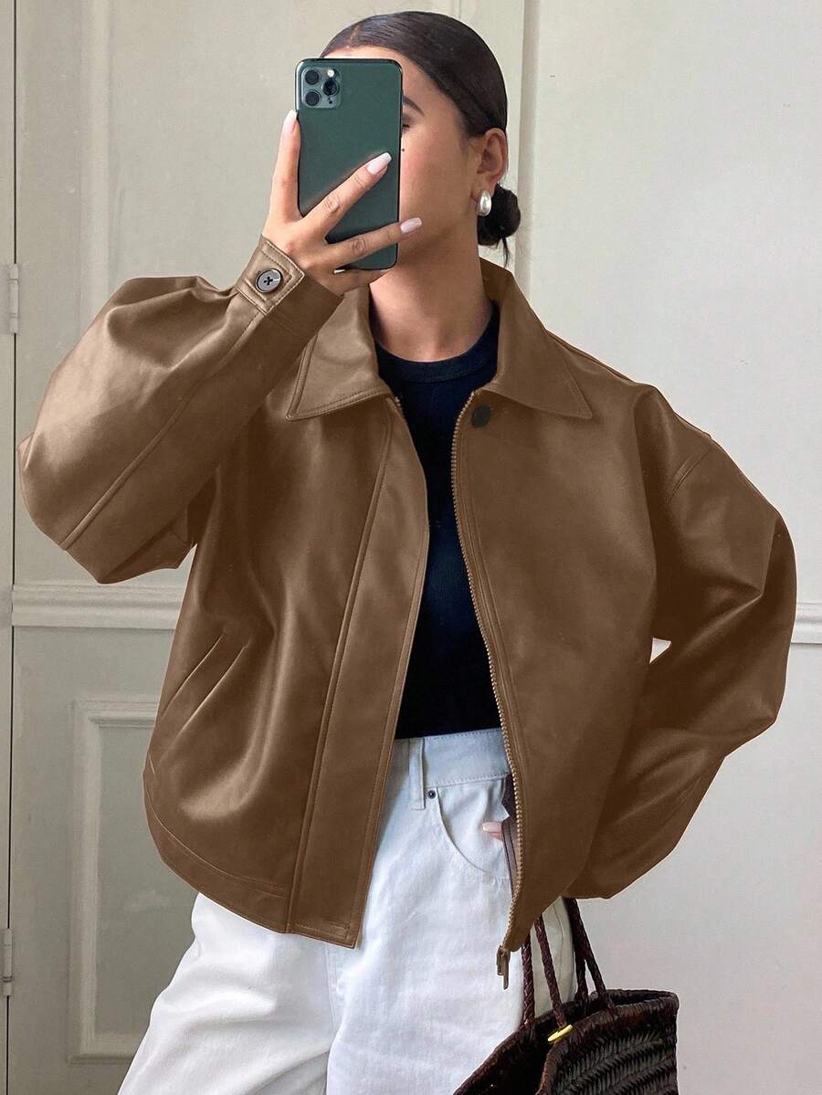 **Women’s Loose Casual Thick PU Jacket**