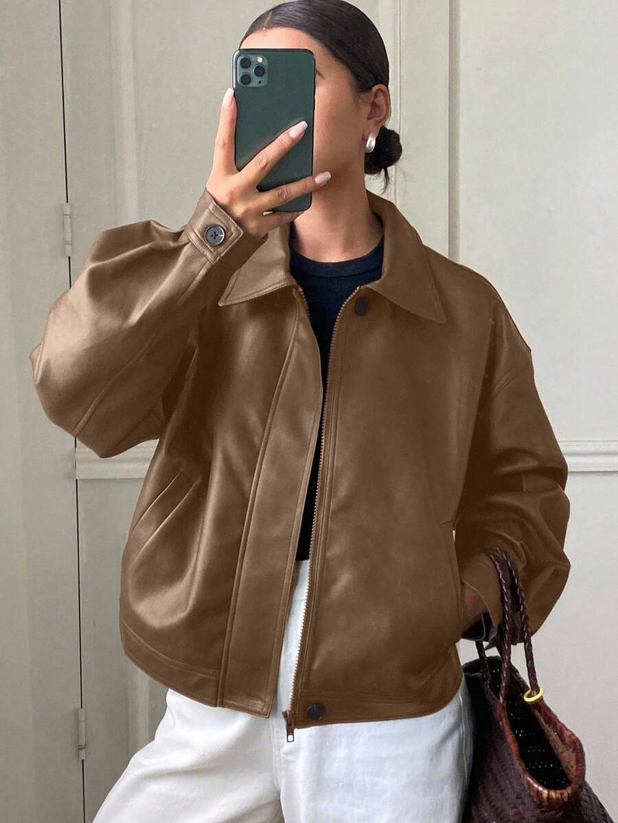 **Women’s Loose Casual Thick PU Jacket**