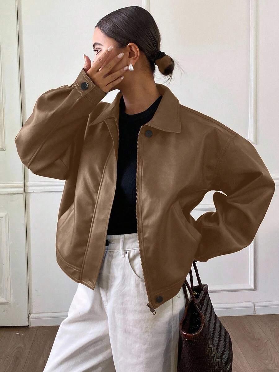 **Women’s Loose Casual Thick PU Jacket**