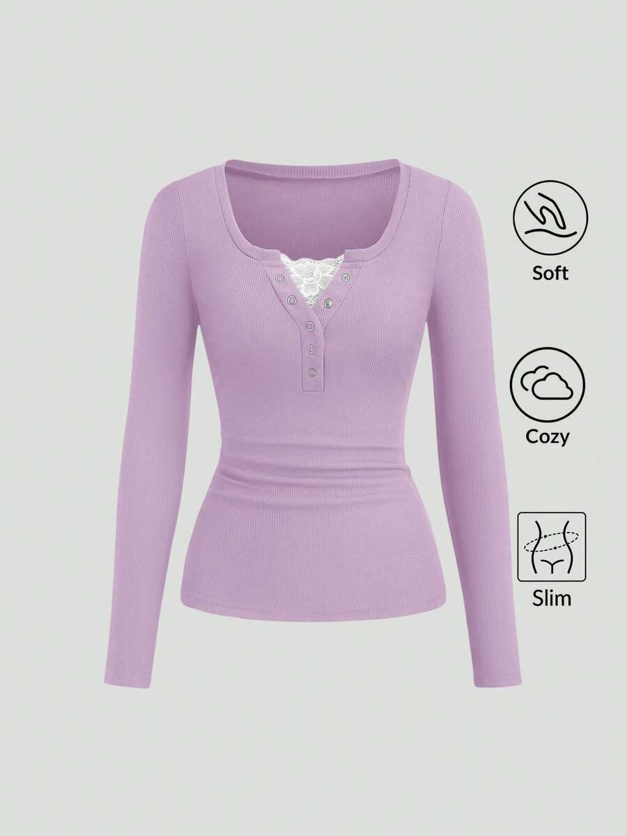 **Women’s Lace-Trim Mock Neck Long Sleeve Top**