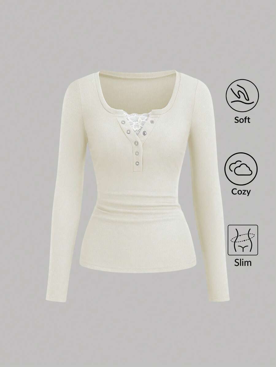 **Women’s Lace-Trim Mock Neck Long Sleeve Top**
