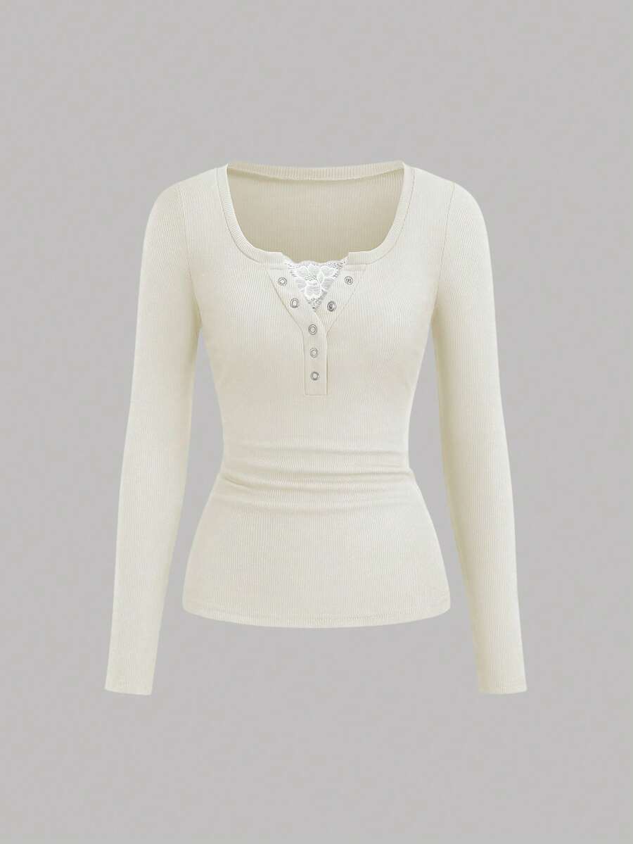 **Women’s Lace-Trim Mock Neck Long Sleeve Top**