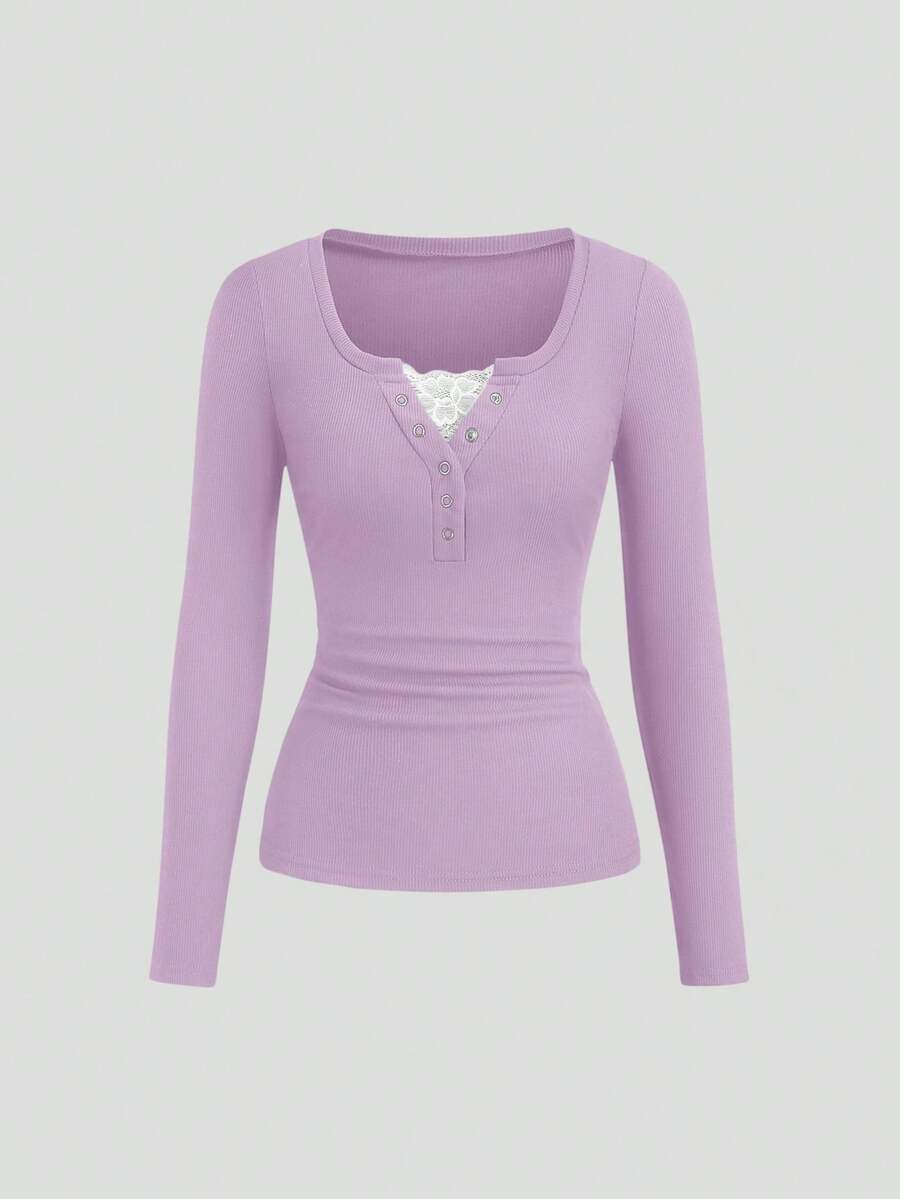 **Women’s Lace-Trim Mock Neck Long Sleeve Top**