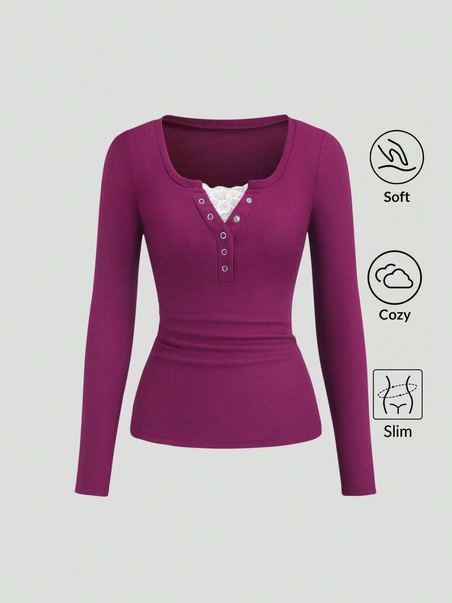 **Women’s Lace-Trim Mock Neck Long Sleeve Top**
