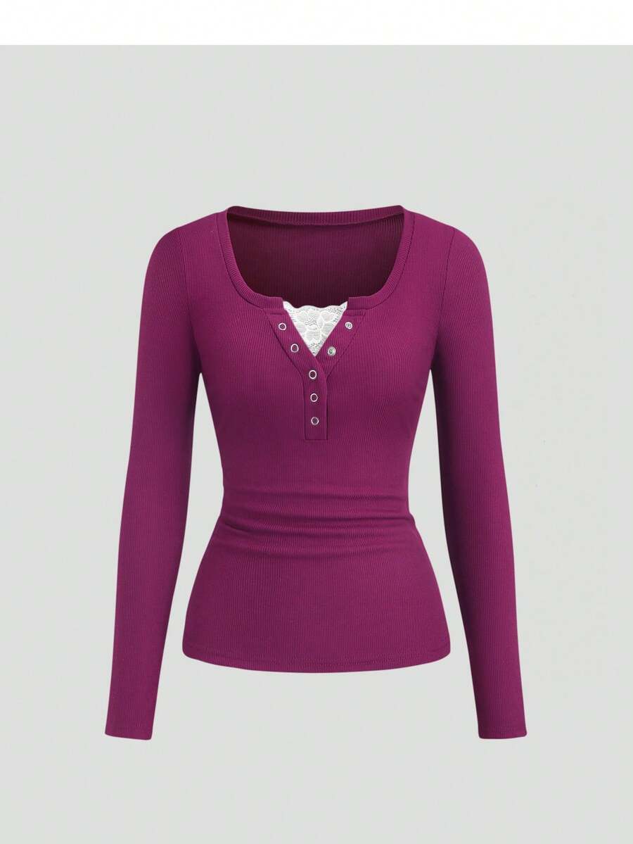 **Women’s Lace-Trim Mock Neck Long Sleeve Top**