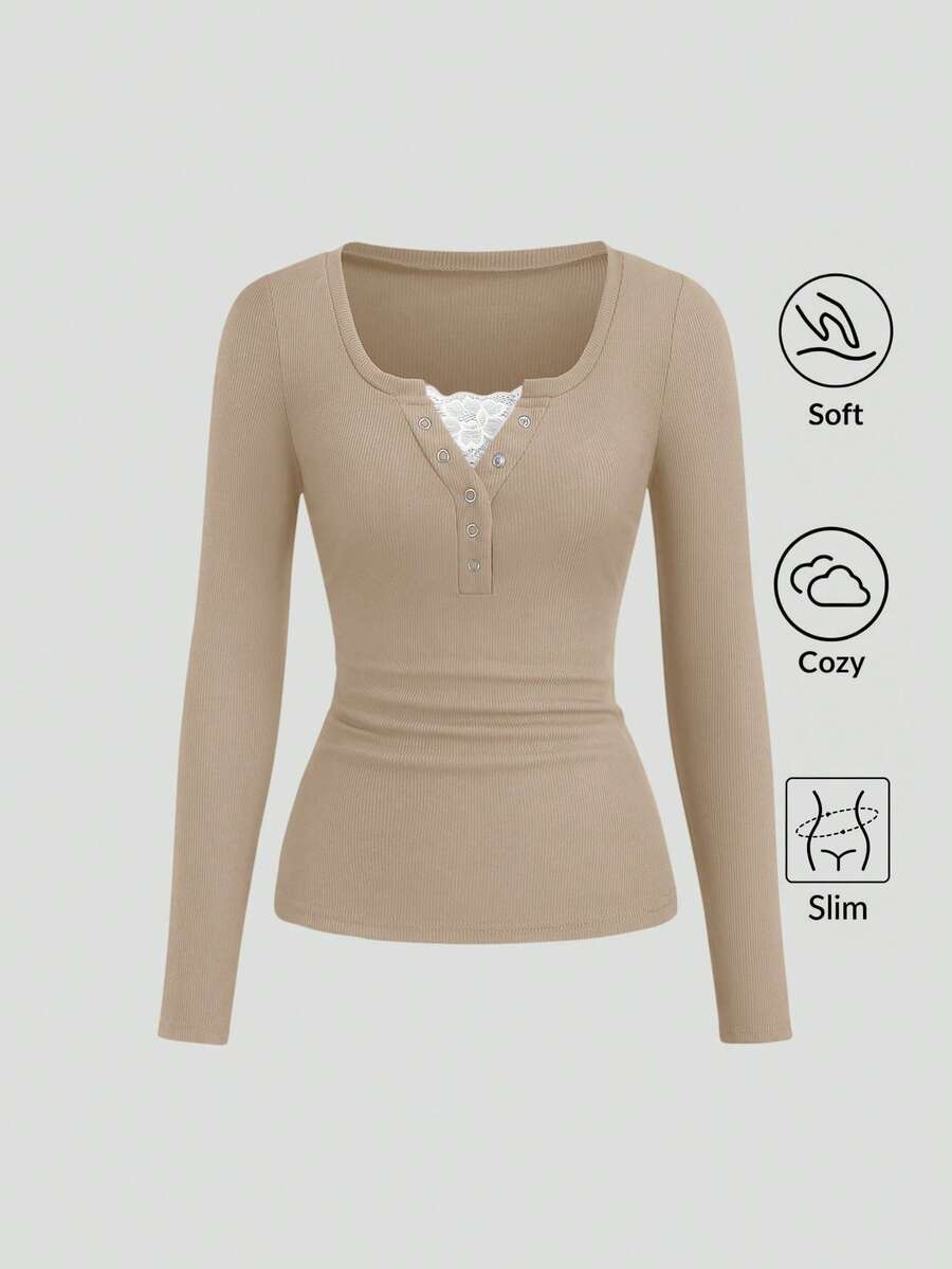 **Women’s Lace-Trim Mock Neck Long Sleeve Top**