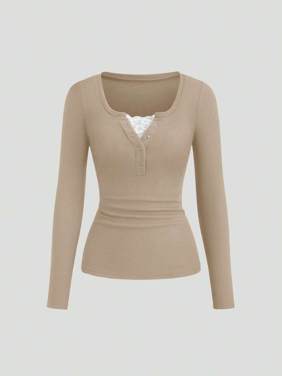 **Women’s Lace-Trim Mock Neck Long Sleeve Top**