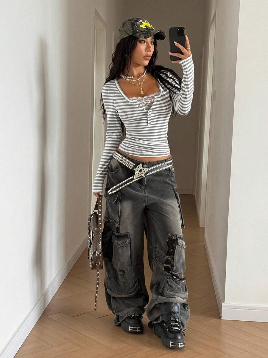 **Women’s Lace-Trim Mock Neck Long Sleeve Top**