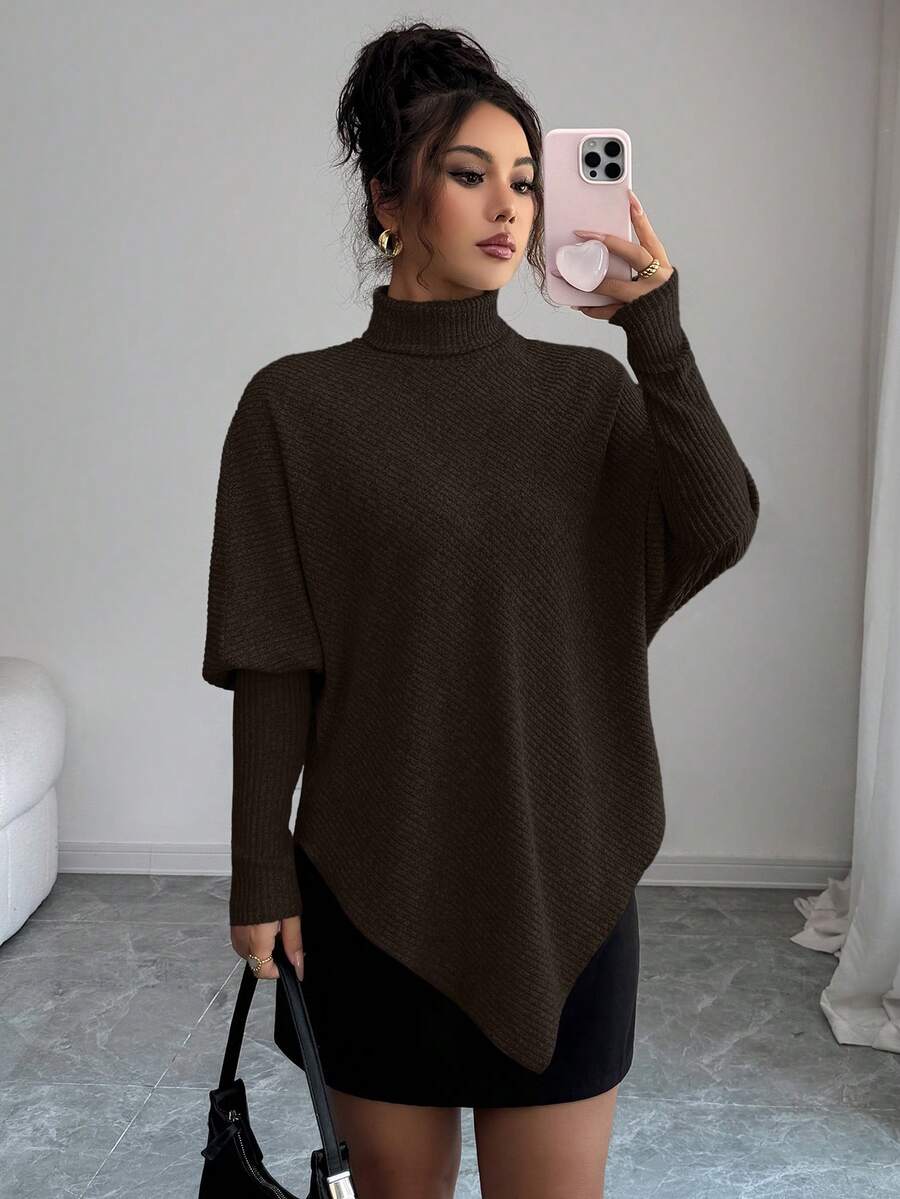 **Women’s Fuzzy Ribbed Asymmetrical Turtleneck Top**