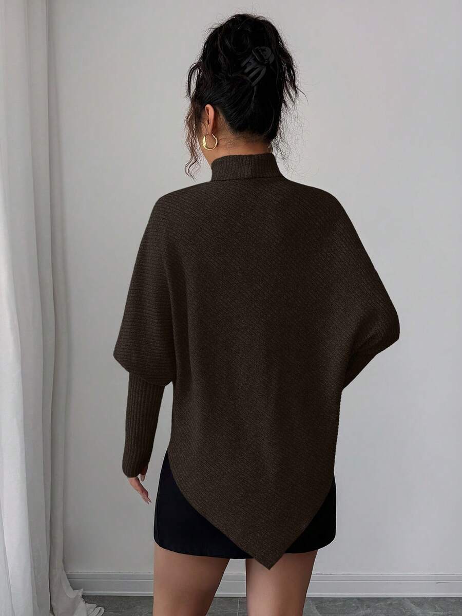 **Women’s Fuzzy Ribbed Asymmetrical Turtleneck Top**