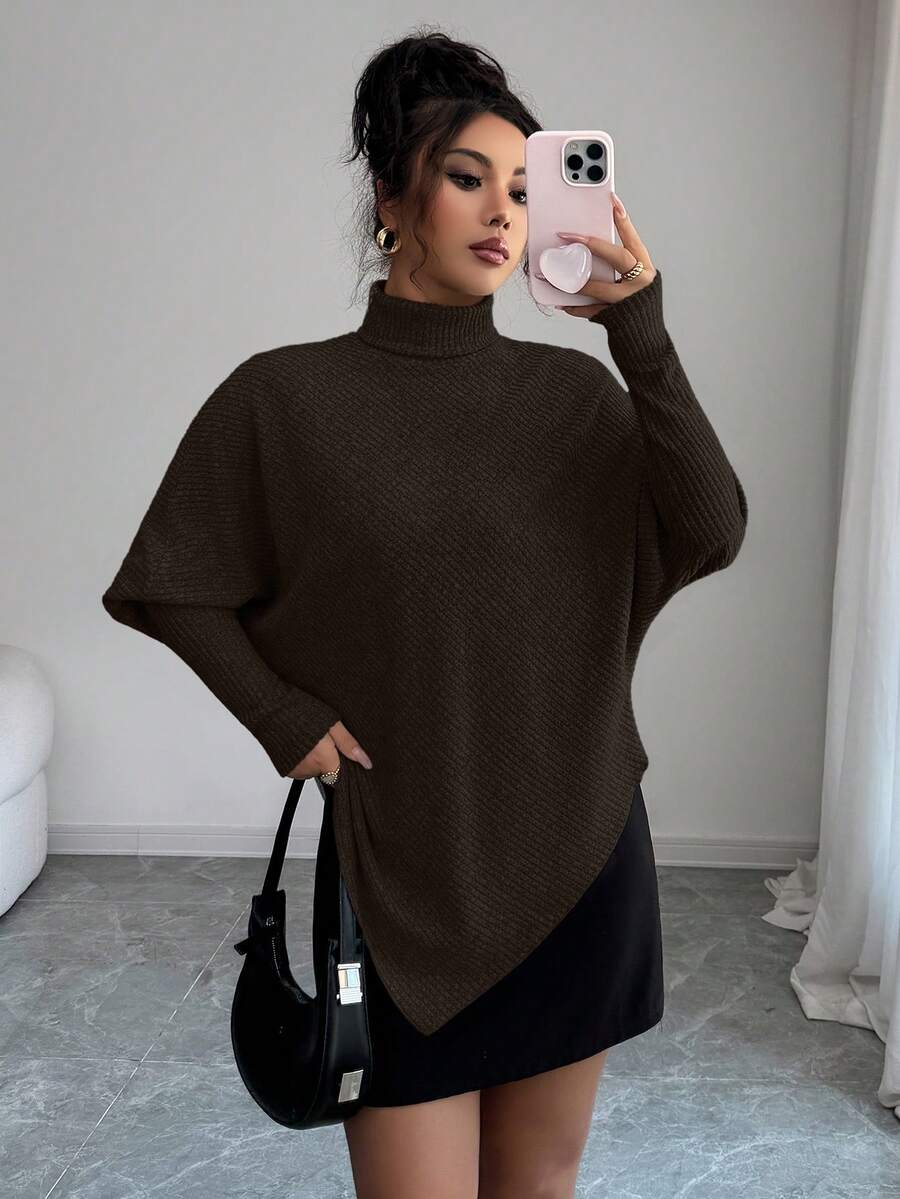 **Women’s Fuzzy Ribbed Asymmetrical Turtleneck Top**