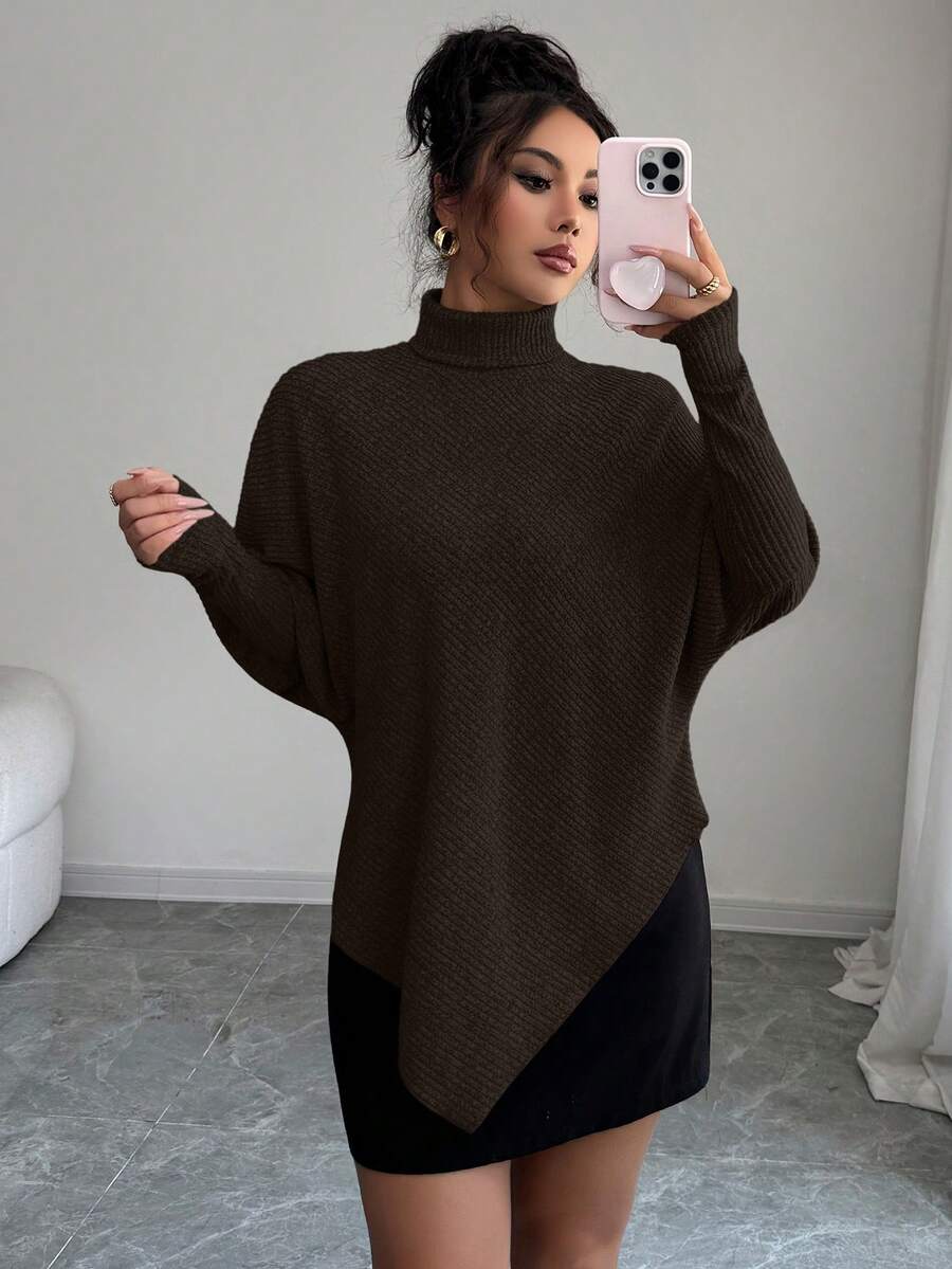**Women’s Fuzzy Ribbed Asymmetrical Turtleneck Top**
