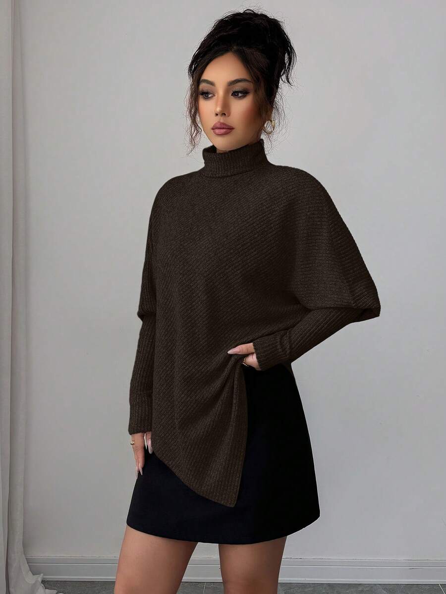 **Women’s Fuzzy Ribbed Asymmetrical Turtleneck Top**