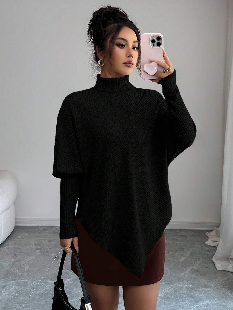**Women’s Fuzzy Ribbed Asymmetrical Turtleneck Top**