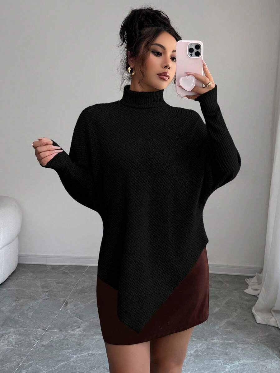 **Women’s Fuzzy Ribbed Asymmetrical Turtleneck Top**