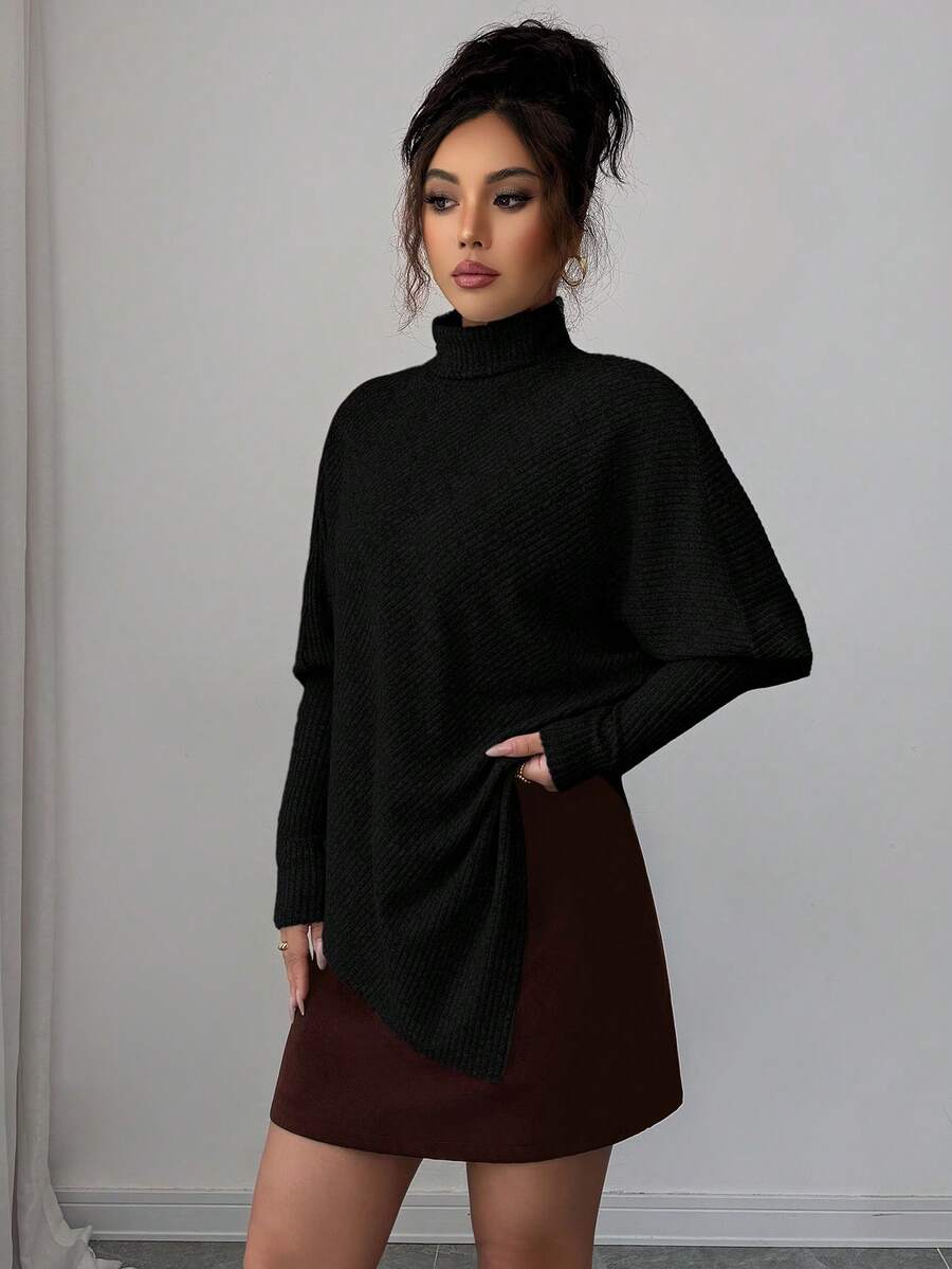 **Women’s Fuzzy Ribbed Asymmetrical Turtleneck Top**