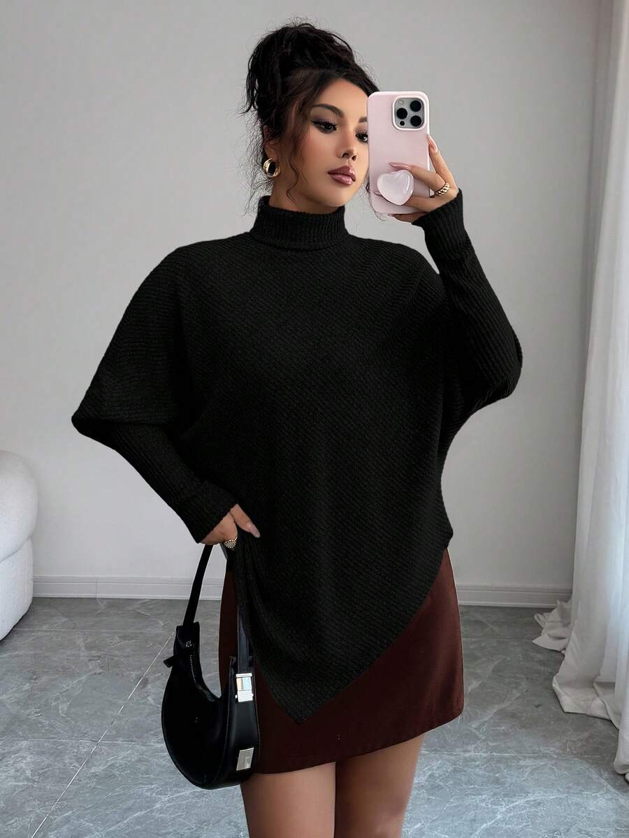 **Women’s Fuzzy Ribbed Asymmetrical Turtleneck Top**