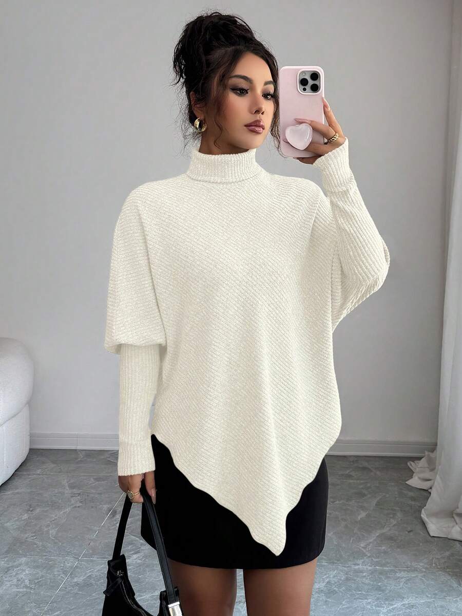 **Women’s Fuzzy Ribbed Asymmetrical Turtleneck Top**