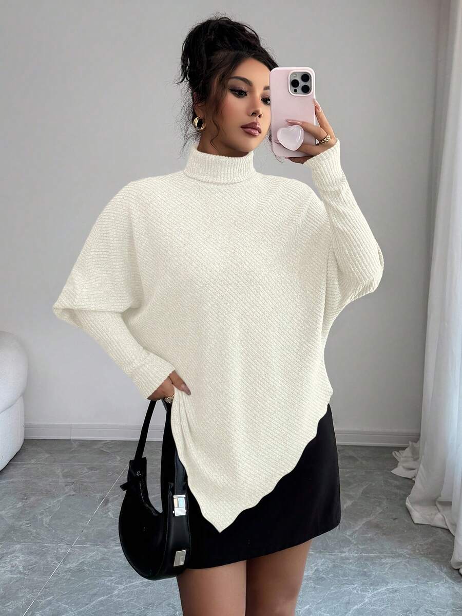 **Women’s Fuzzy Ribbed Asymmetrical Turtleneck Top**
