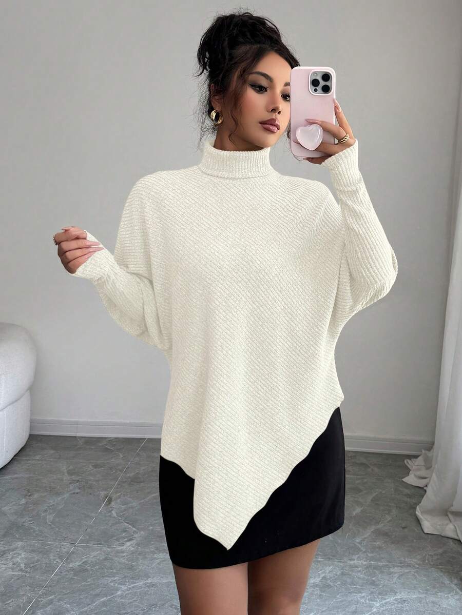 **Women’s Fuzzy Ribbed Asymmetrical Turtleneck Top**