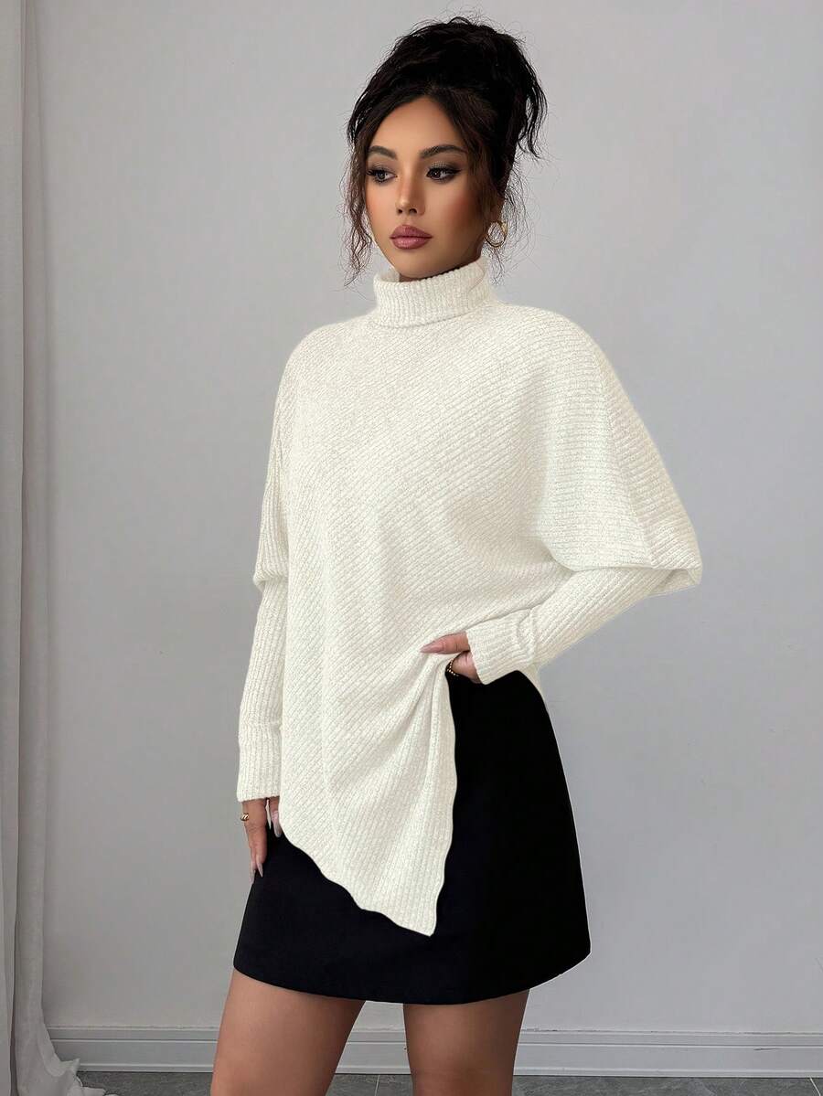 **Women’s Fuzzy Ribbed Asymmetrical Turtleneck Top**